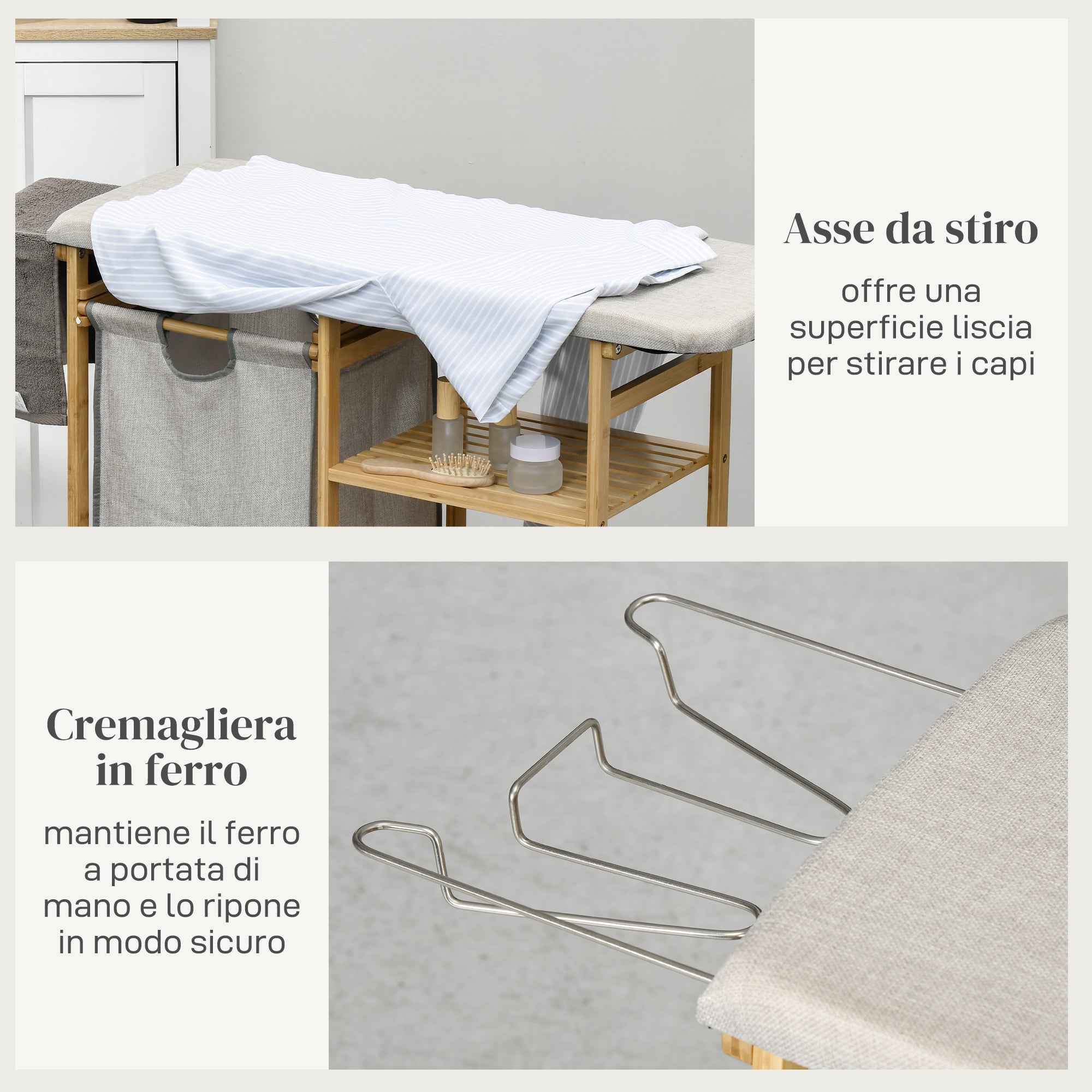 Bamboo and Polyester Laundry Basket with Ironing Board and 3-Tier Shelf, 113x34x82 cm