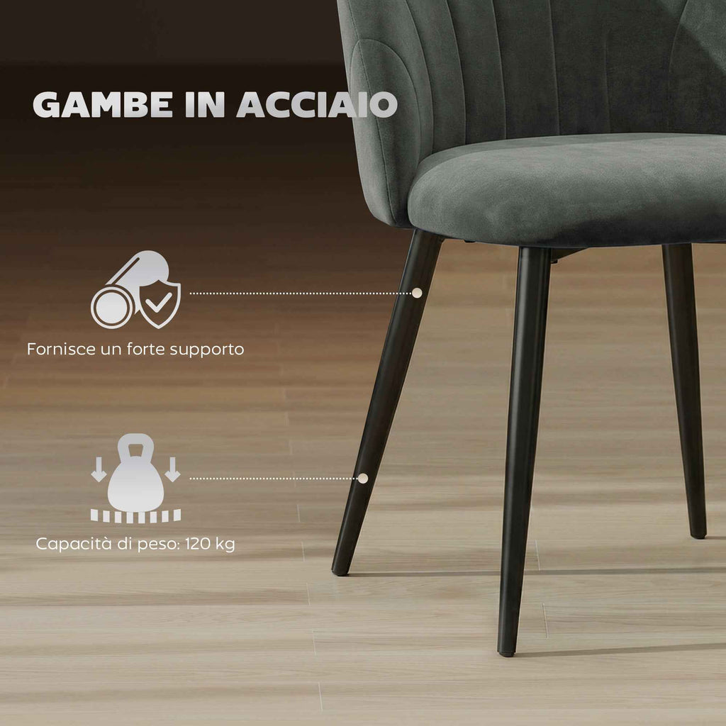 Set of 2 Upholstered Dining Chairs with Shell Backrest in Velvet, 52x55x79 cm, Grey