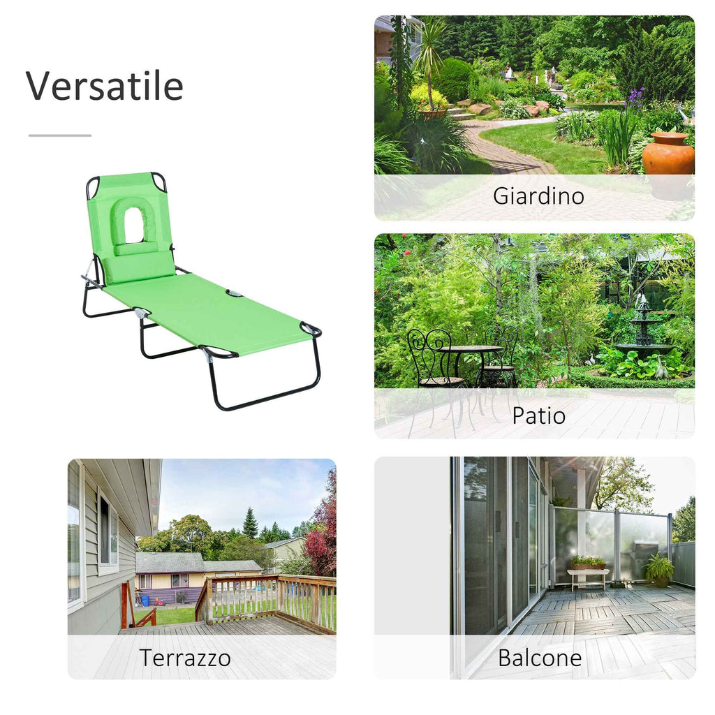 Outsunny Folding Deck Chair with Reading Hole and Cushion, 4-Level Reclining, Oxford Fabric and Steel Frame, Green