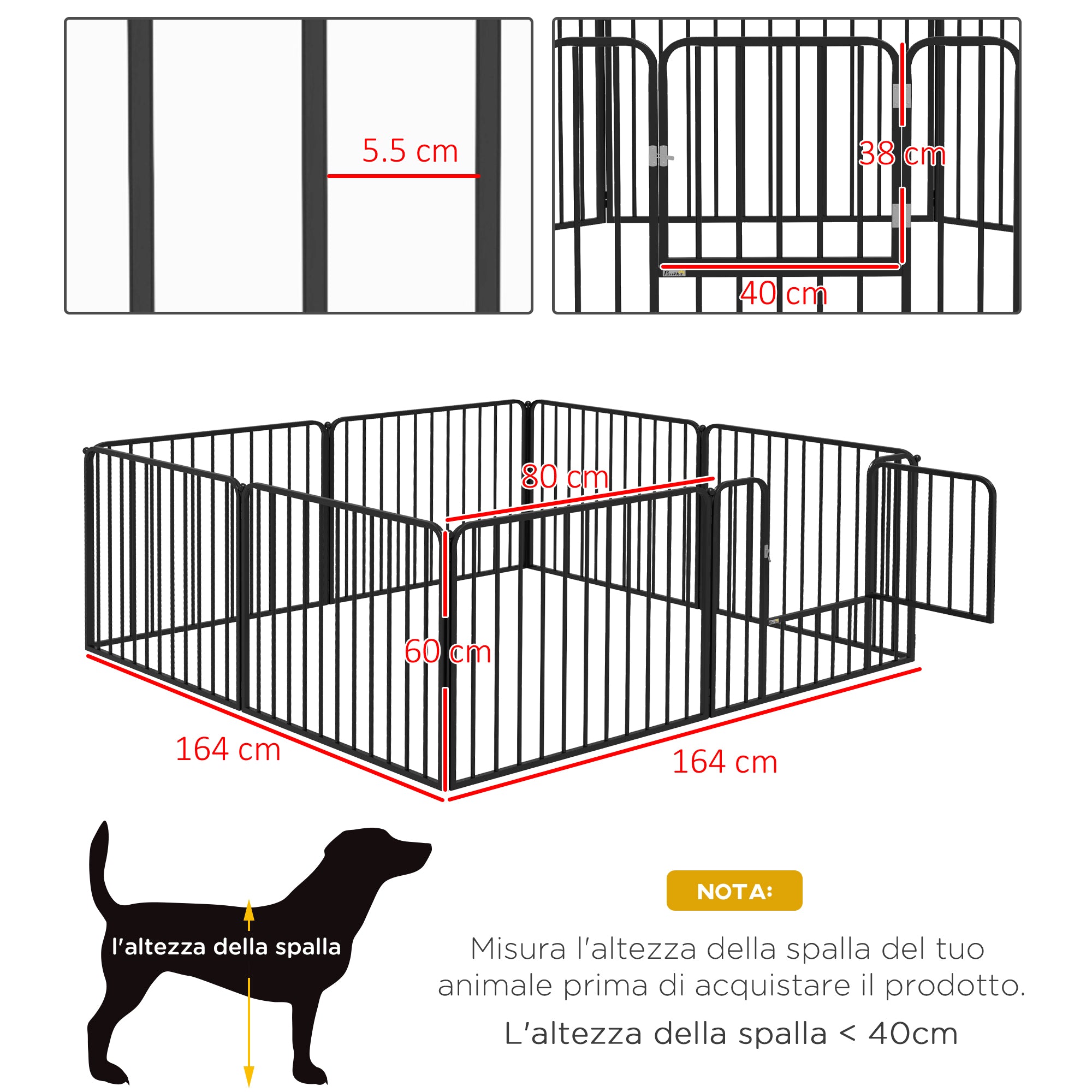 8-Panel Modular Indoor/Outdoor Dog Playpen, Steel, 164x164x60 cm, Black