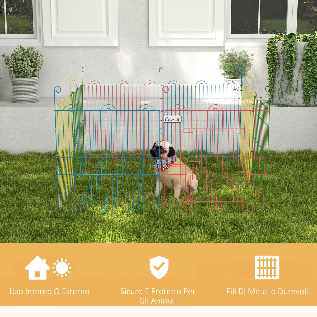 PawHut 8-Panel Dog Gate with Snap Lock, for Medium Dogs, Steel, Ø156x60 cm, Multicolor