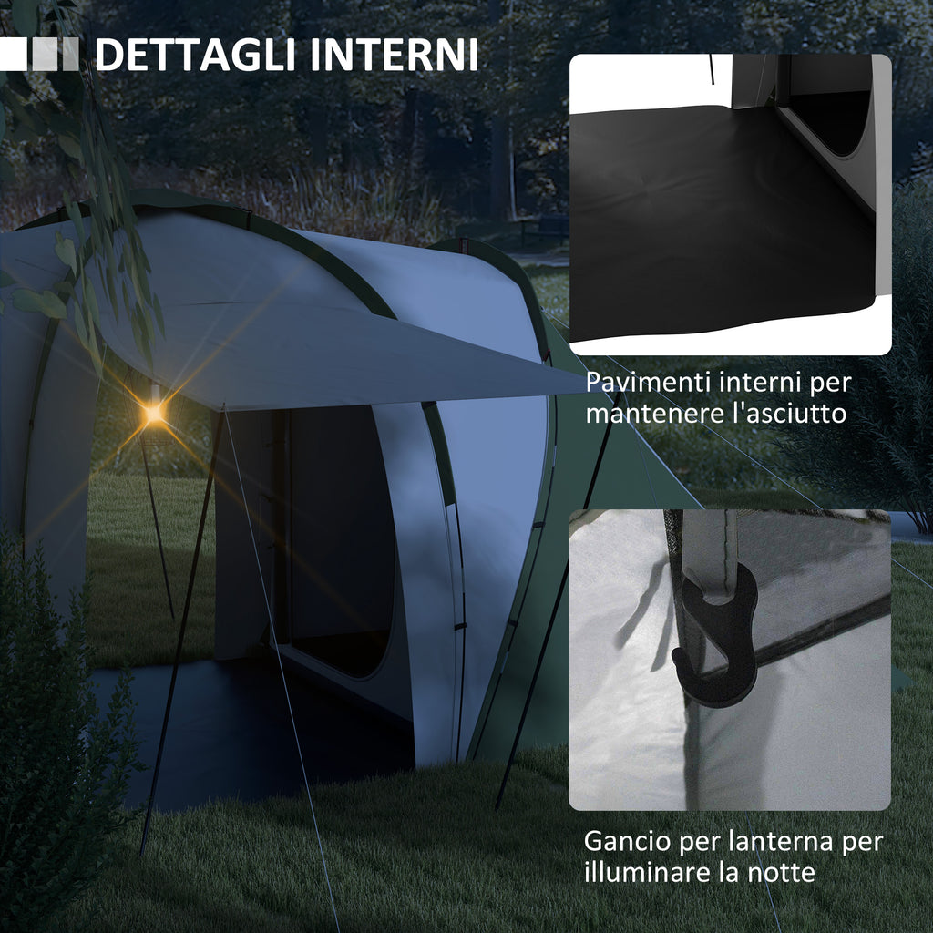 Camping Tent 4-6 People with 2 Rooms, in Polyester and Fiberglass, 555x225x190 cm, Gray and Green