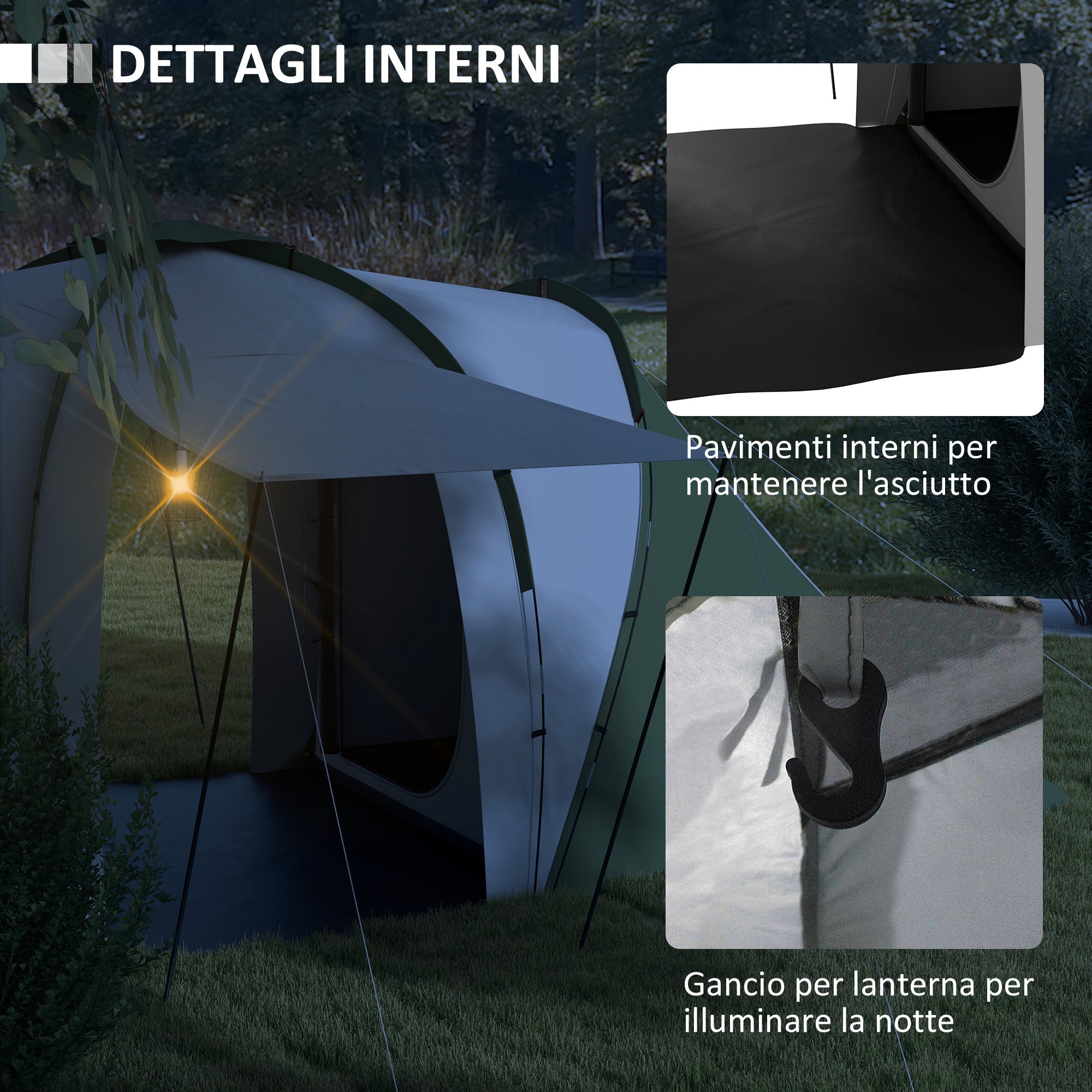 Camping Tent 4-6 People with 2 Rooms, in Polyester and Fiberglass, 555x225x190 cm, Gray and Green