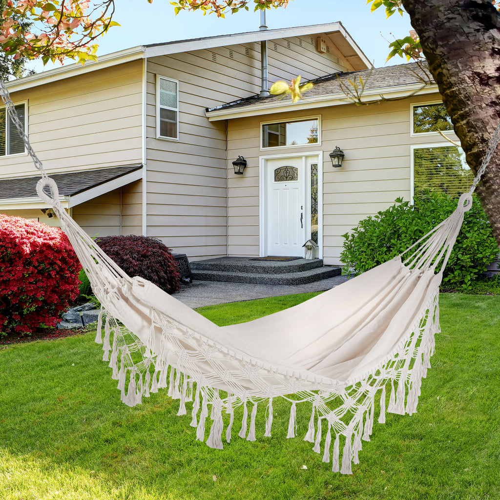 Boho Style Fringe Hanging Canvas Garden Hammock, 288x150cm, 120kg Capacity, Cream
