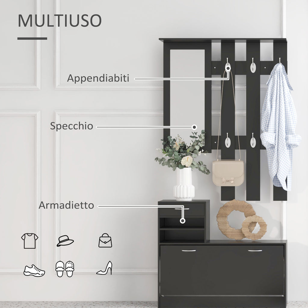 TWENTY | Hallway Furniture Coat Rack with Shoe Rack and Mirror, Chipboard, 90x10x102 cm, Black
