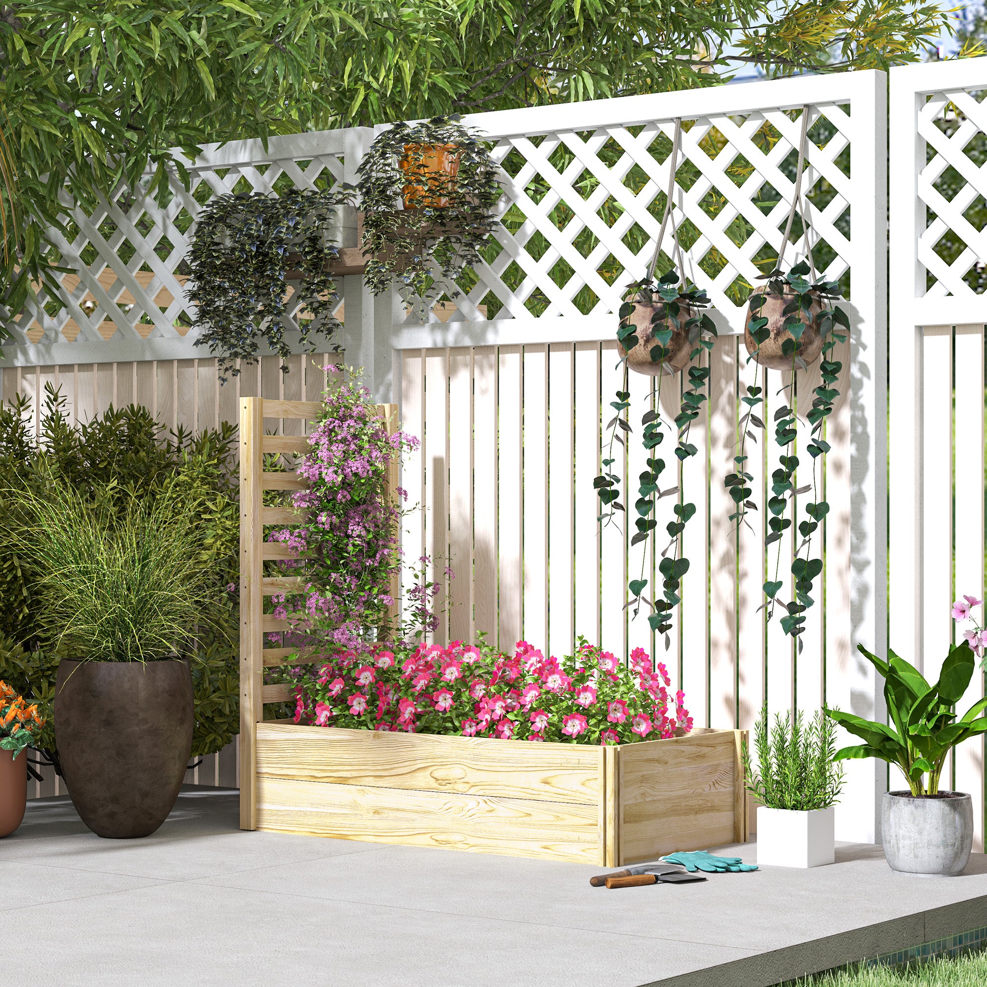 Planter with Trellis for Climbing and Open Bottom, in Fir Wood, 115x60x110 cm, Wood color