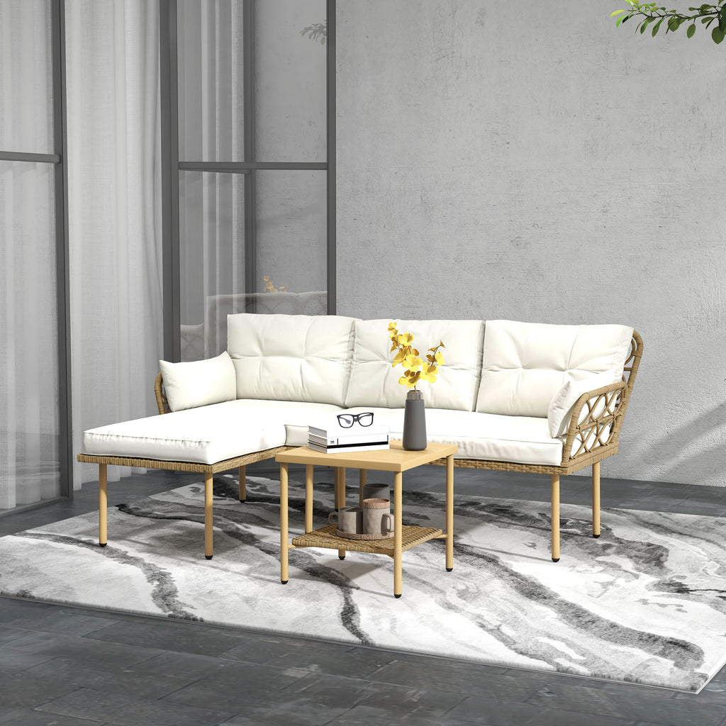 Outsunny 3-Piece Garden Set with Chaise Longue, Sofa, Cushions and Coffee Table, in Rattan and Steel, Cream White and Wood