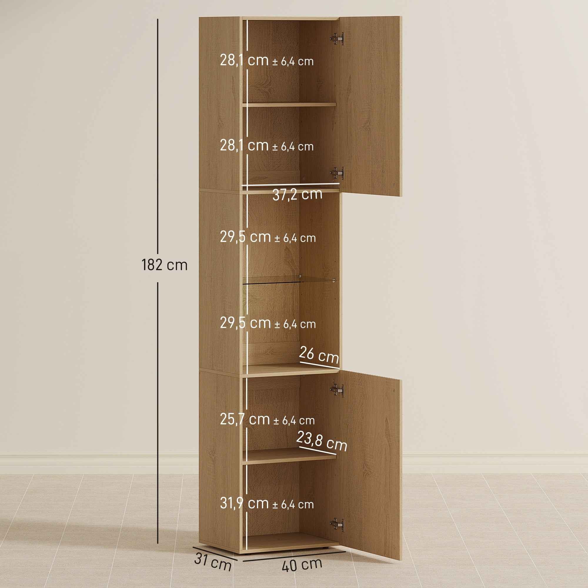 HOMCOM Slim Bathroom Cabinet with 6 Shelves, 2 Doors, Open Compartments, Tempered Glass Shelf, Adjustable Shelves, Oak