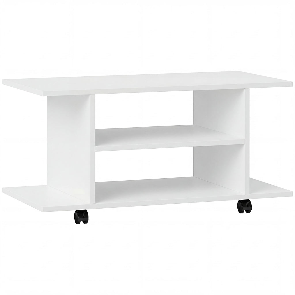 HOMCOM Modern TV Stand with Shelves, Swivel Wheels and Brakes, 80x40x40 cm, White