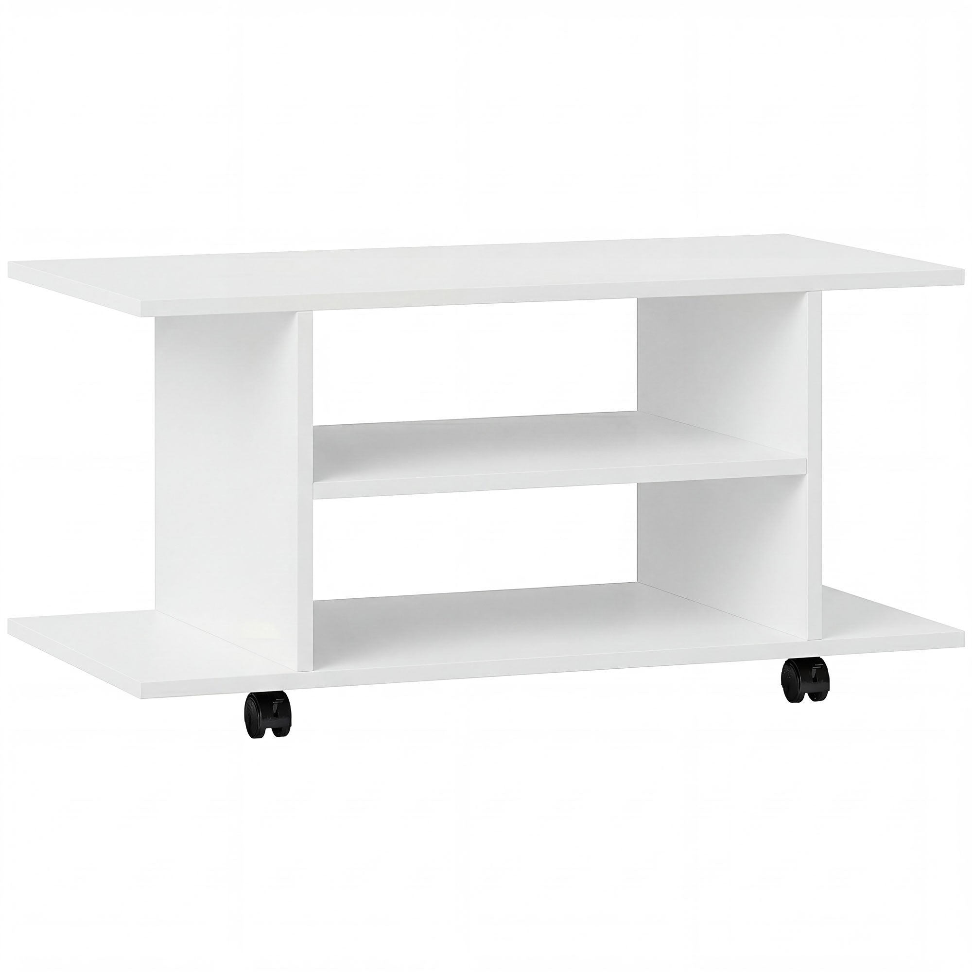 HOMCOM Modern TV Stand with Shelves, Swivel Wheels and Brakes, 80x40x40 cm, White