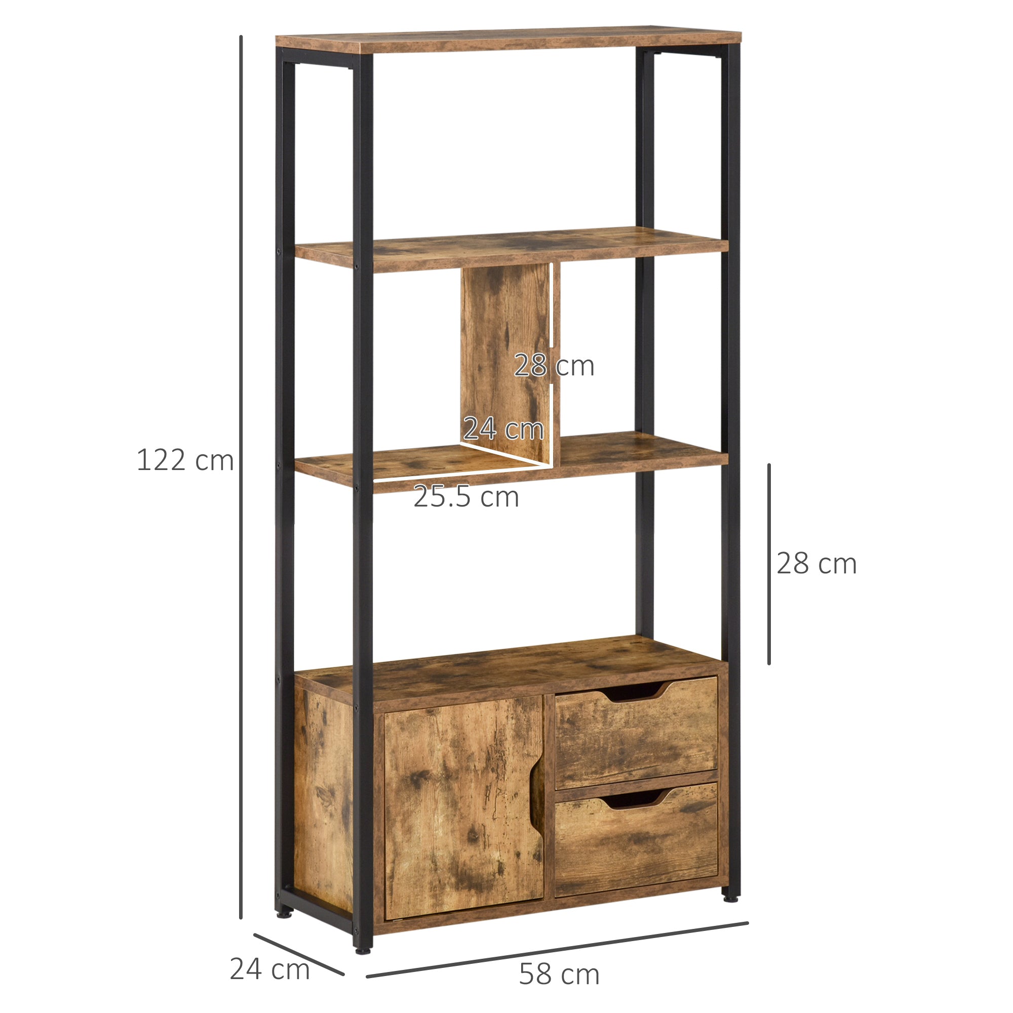 Bookcase Cabinet with 3 Shelves, Cabinet and 2 Drawers, in Chipboard and Metal, 58x24x122 cm