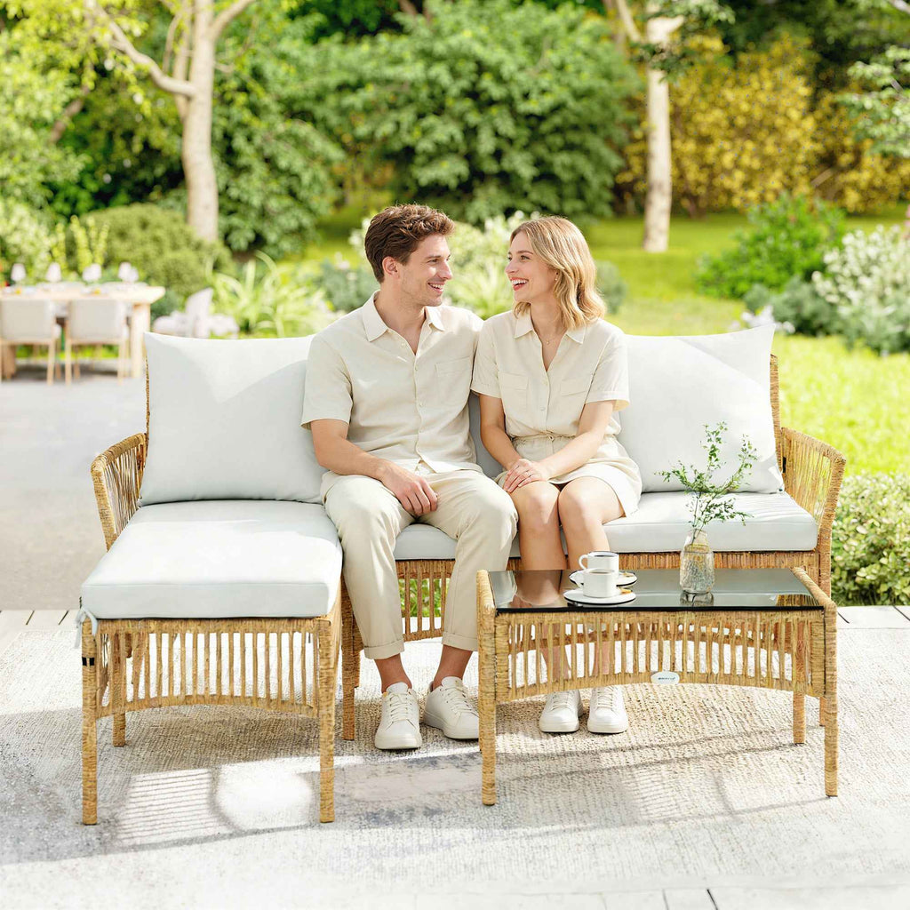 Outsunny 3-Piece Garden Set with Sofa, Chaise Longue and Coffee Table, Steel and PE Rattan, Cream