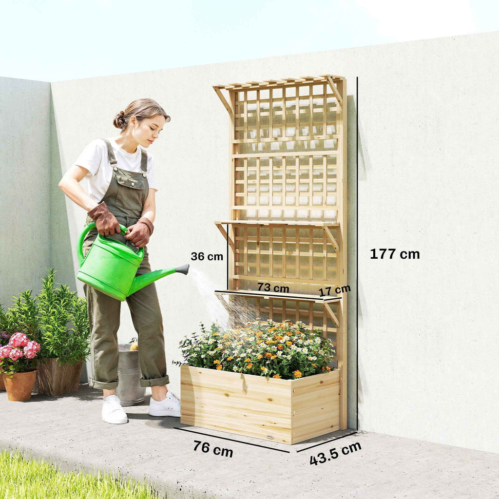 Outsunny Raised Wooden Planter with Trellis, Roof and 2 Shelves, 76x43.5x177 cm, Natural Wood