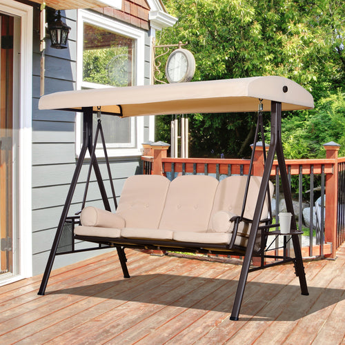 3-Seater Swing with Adjustable Roof, Cup Holder and Cushions, in Metal and Polyester, 208x121x172 cm, Beige