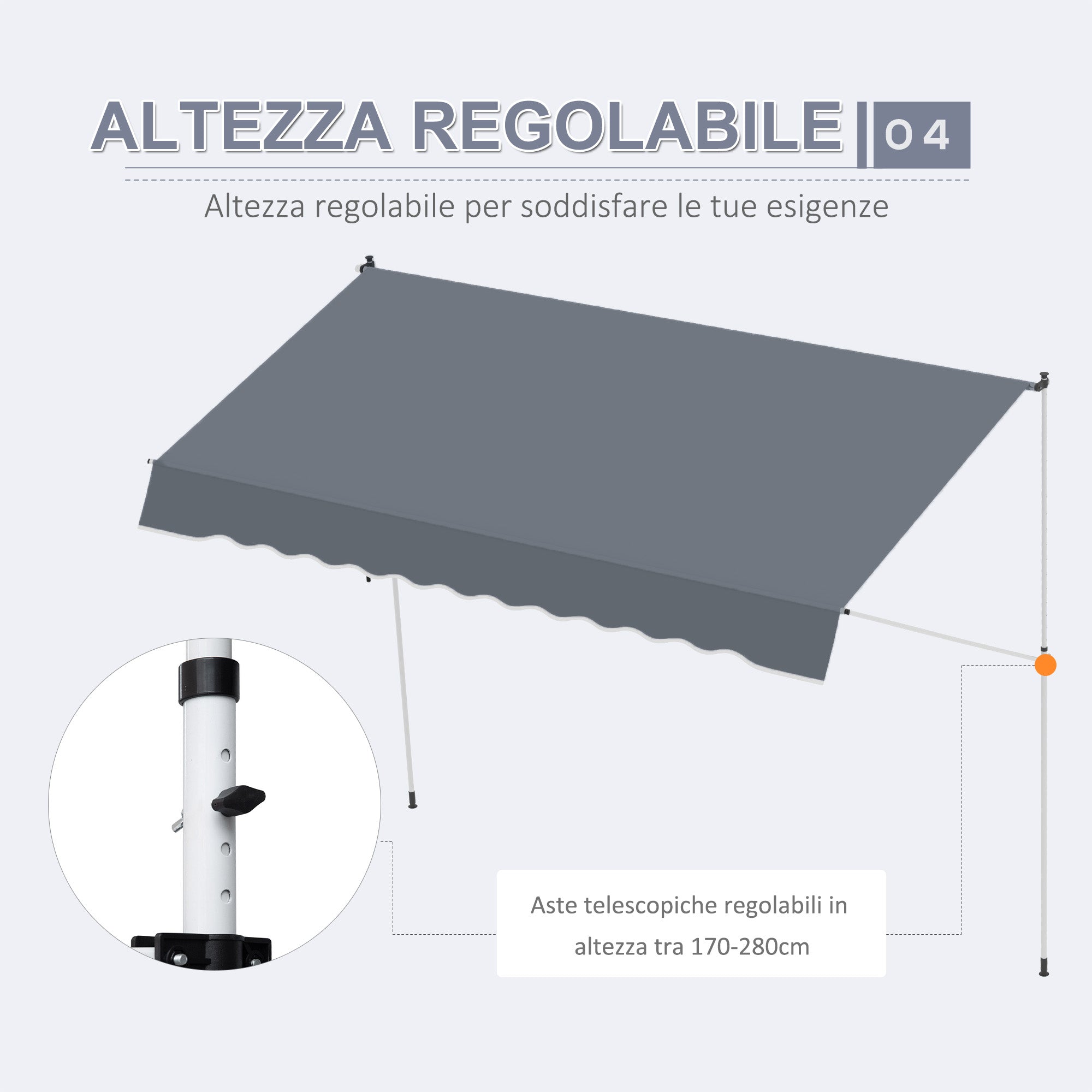 Awning with Roller Arms with Crank and Telescopic Structure, 4x1.2m, Gray