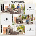 Outsunny 5-Piece Rattan and Steel Outdoor Set with 2 Ottomans, 2 Chairs and 2-Tier Coffee Table, Brown and Cream