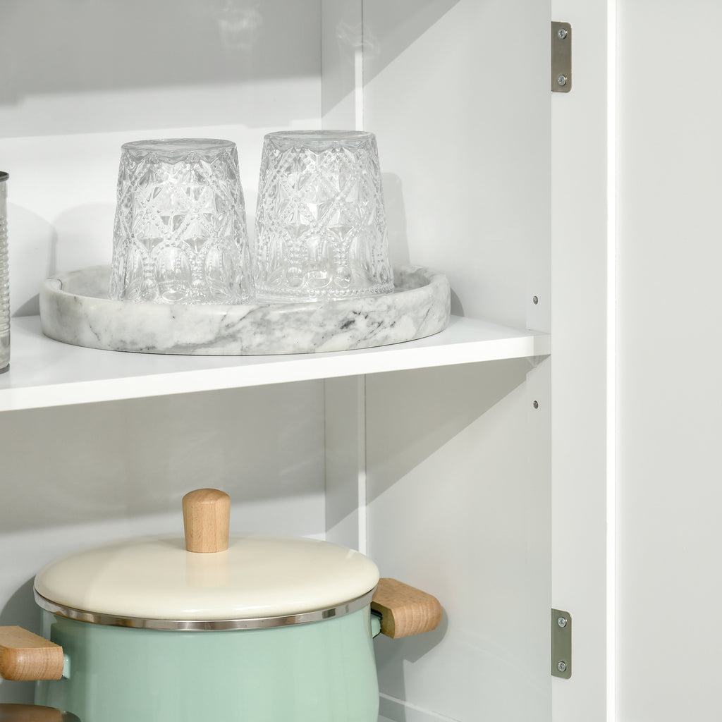 Mobile Pantry with 2 Open Shelves and 2 Cabinets with Doors, in MDF and Glass, 60x30x162 cm, White