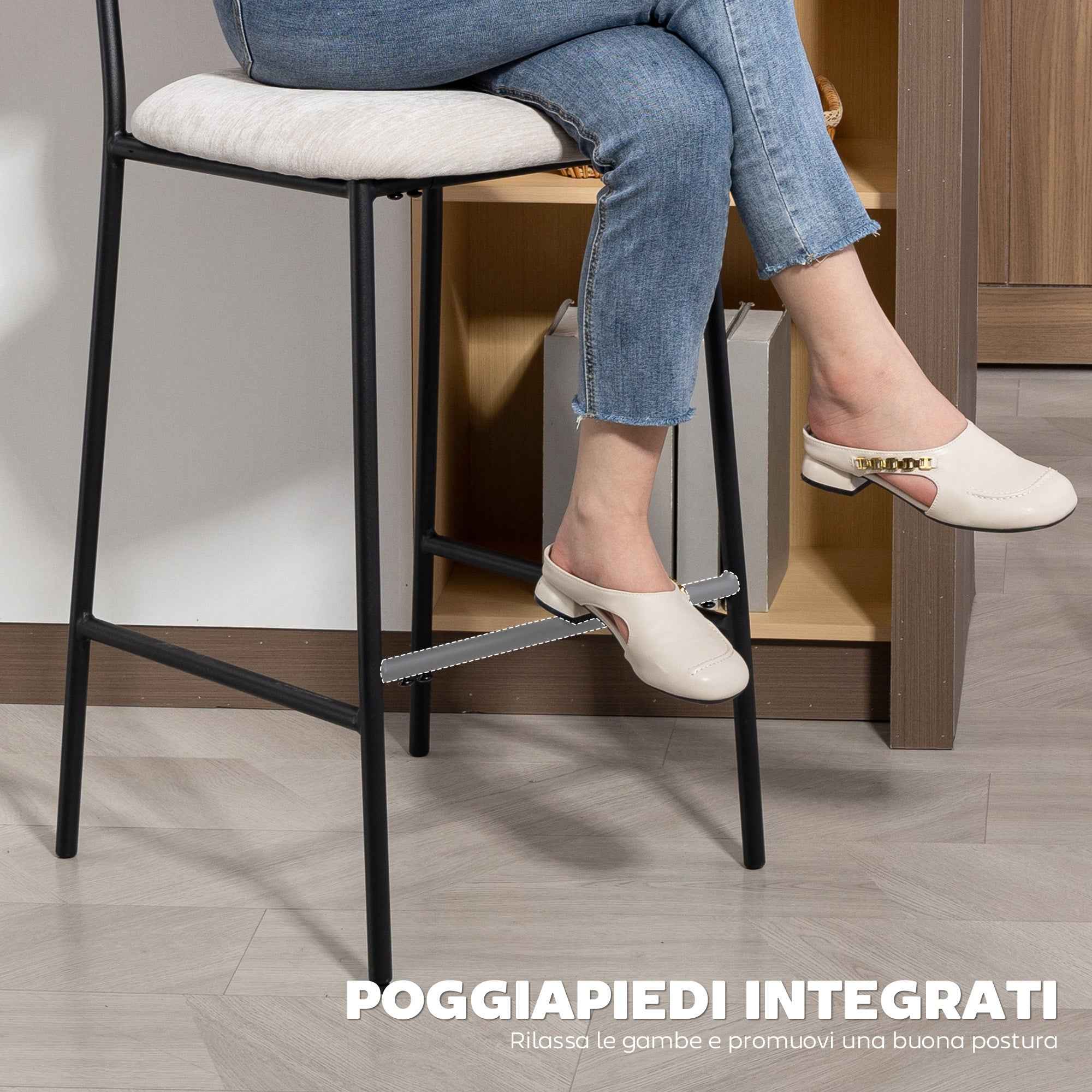 HOMCOM Set of 2 High Back Bar Stools with Footrest and Chenille Upholstery, Cream