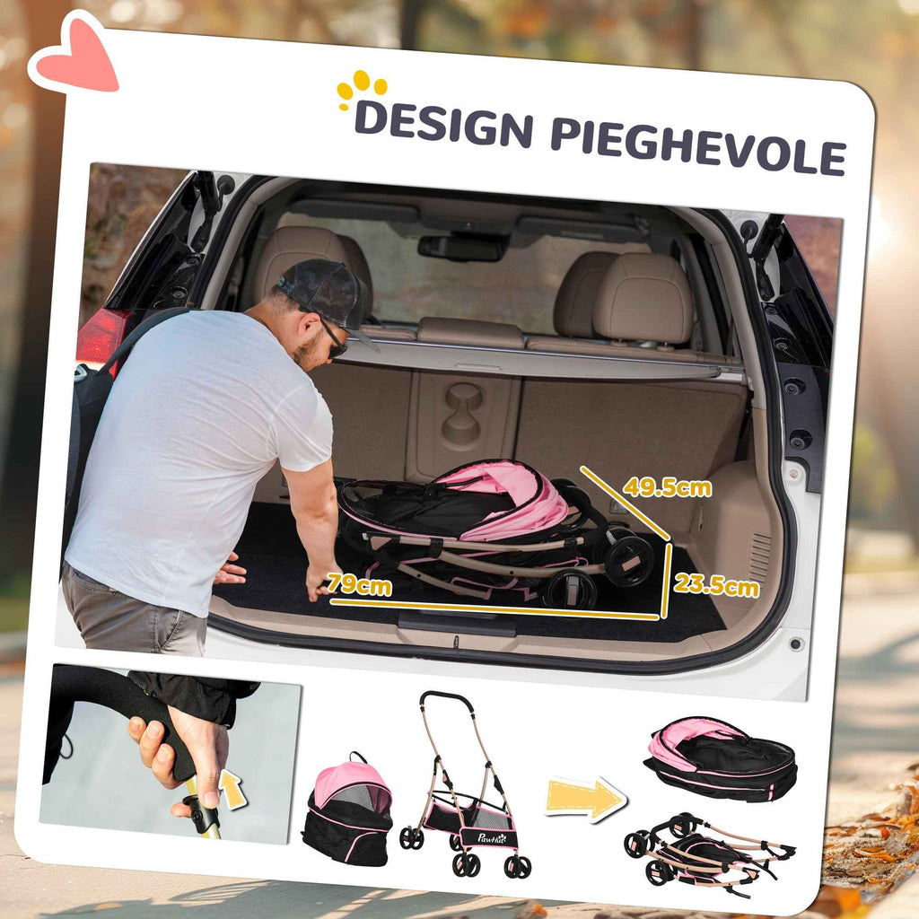 PawHut 2-in-1 Foldable Dog Stroller, Convertible to a Carrier with 2 Leashes and Cushion, Pink