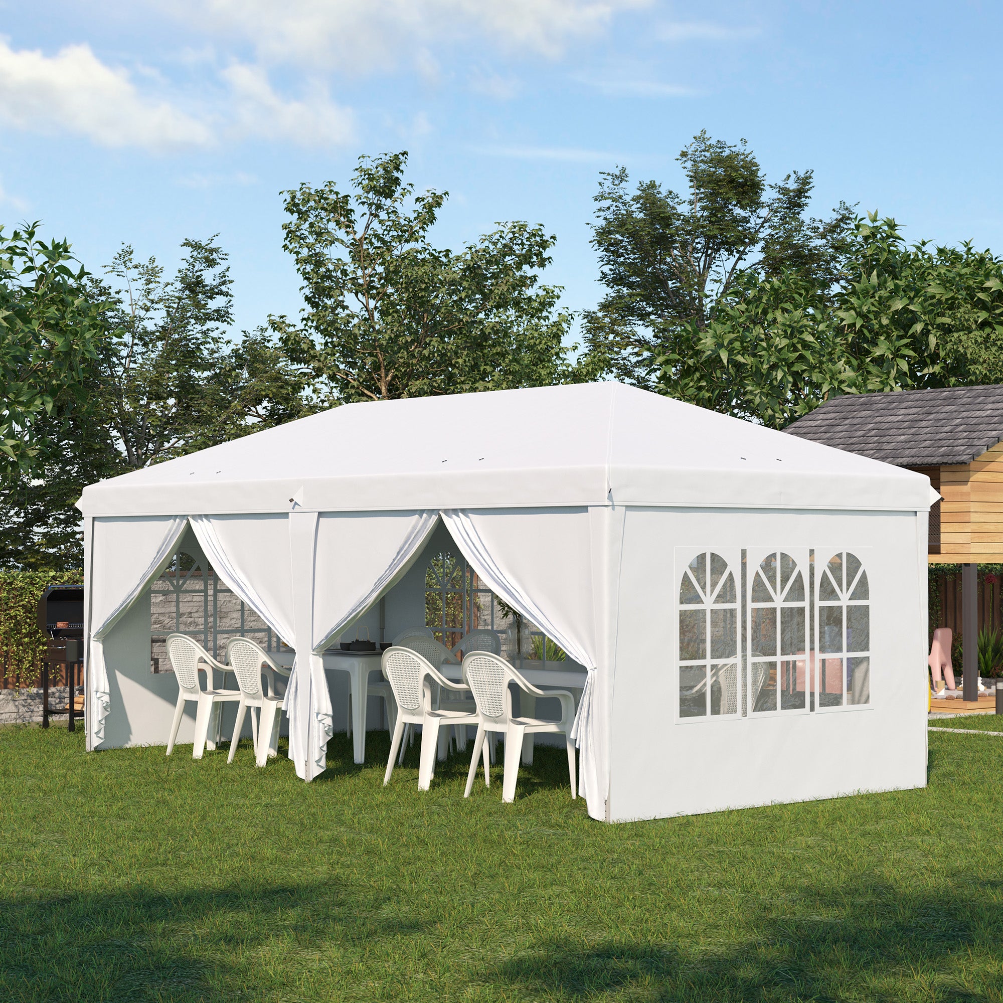 Outsunny Gazebo 6x3 m folding of garden with 6 walls in steel and oxford fabric, ropes and pickets, white - Borgè