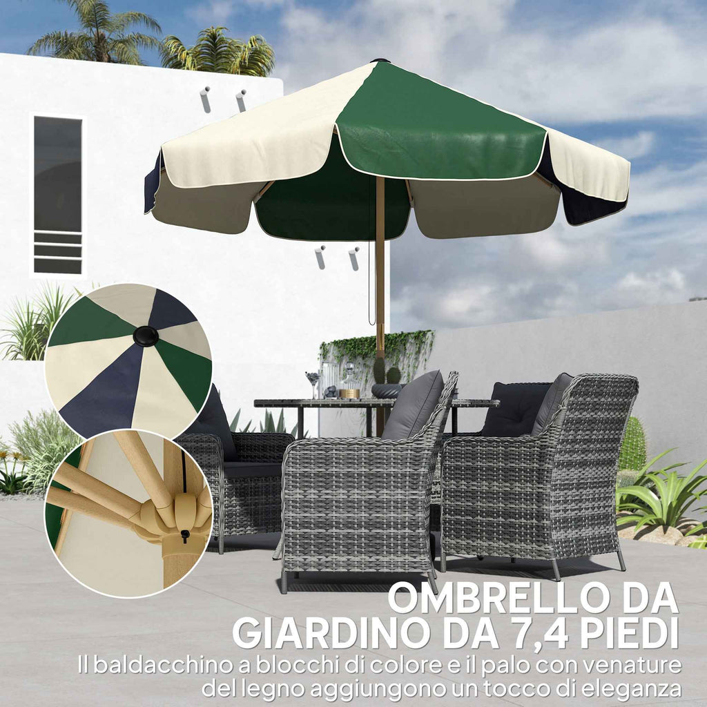 Outsunny Garden Umbrella with Wood Effect Frame, Color Block Canopy with 8 Ribs, UV 30+