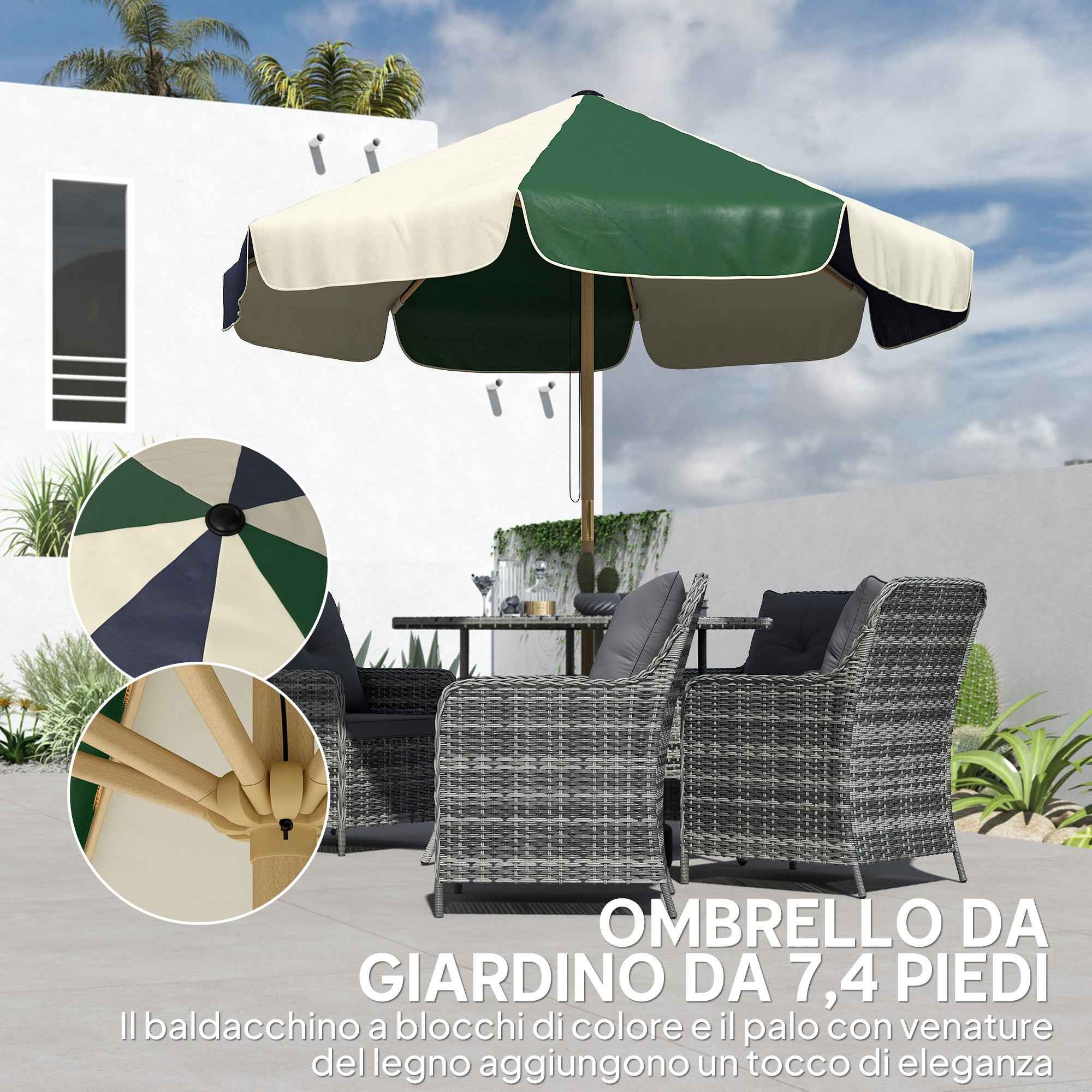 Outsunny Garden Umbrella with Wood Effect Frame, Color Block Canopy with 8 Ribs, UV 30+