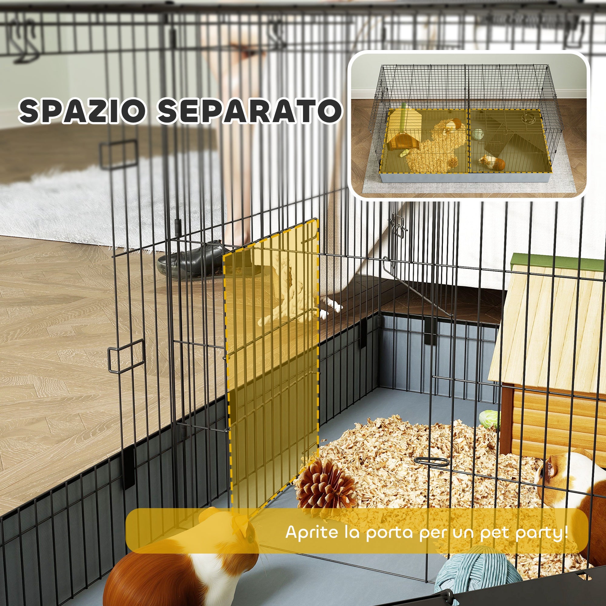 2 in 1 Small Animal Cage, Removable Lid and Separate Sections, 121x61x61 cm, Black