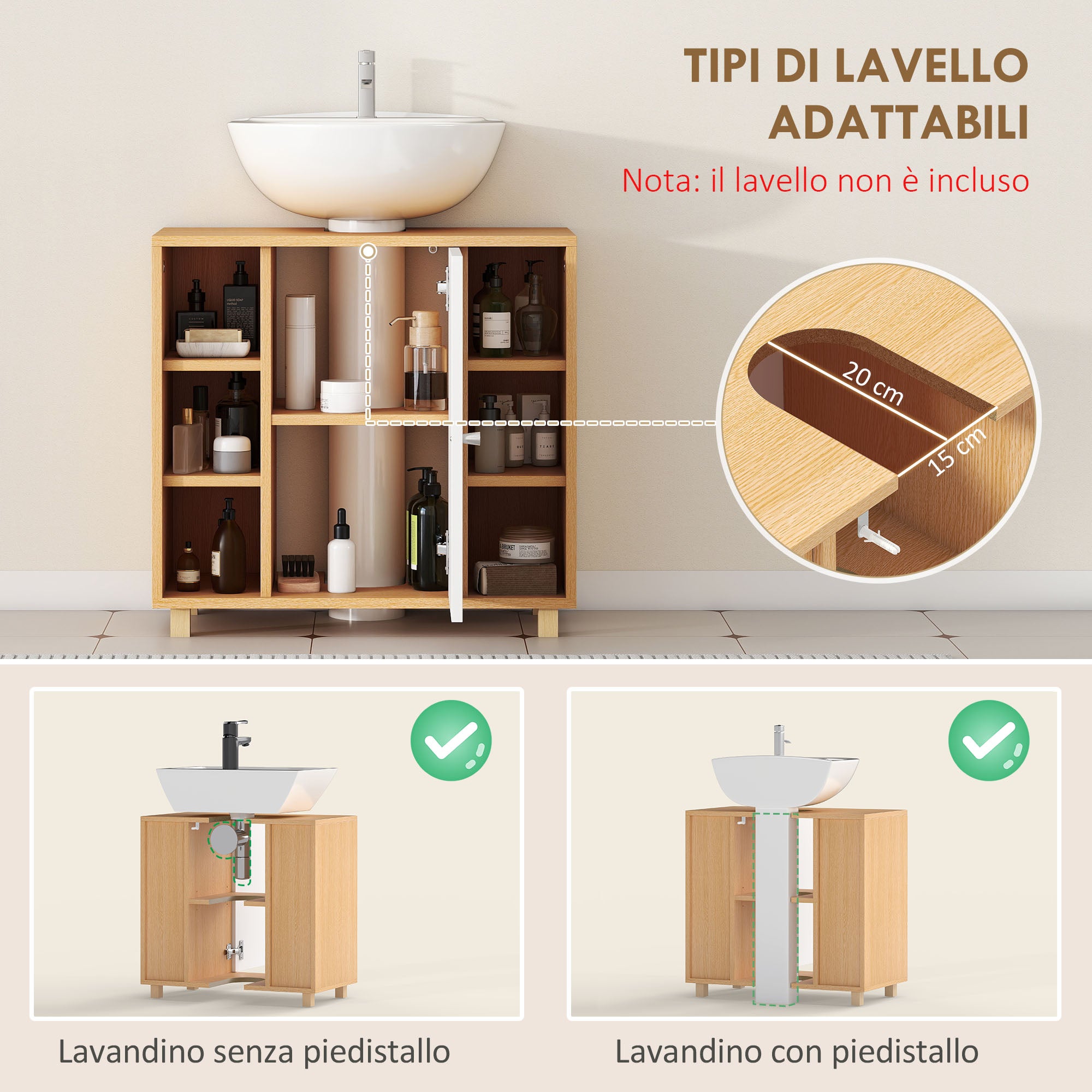 Bathroom Vanity Unit with 2 Soft-Close Doors and 6 Open Shelves, 60x33x57cm, White