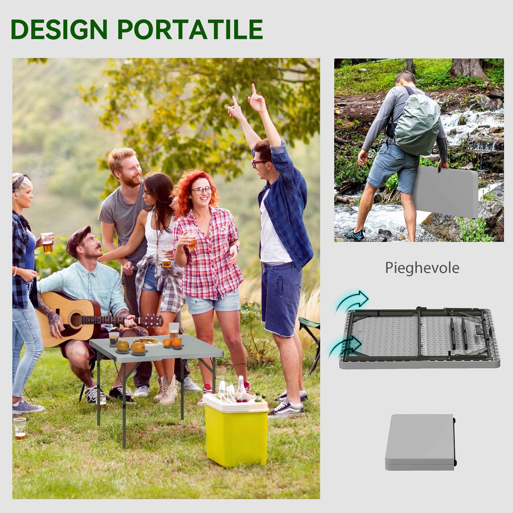 Outsunny Folding Camping Table, Adjustable to 2 Heights, in HDPE and Metal, 86x86x74 cm, White