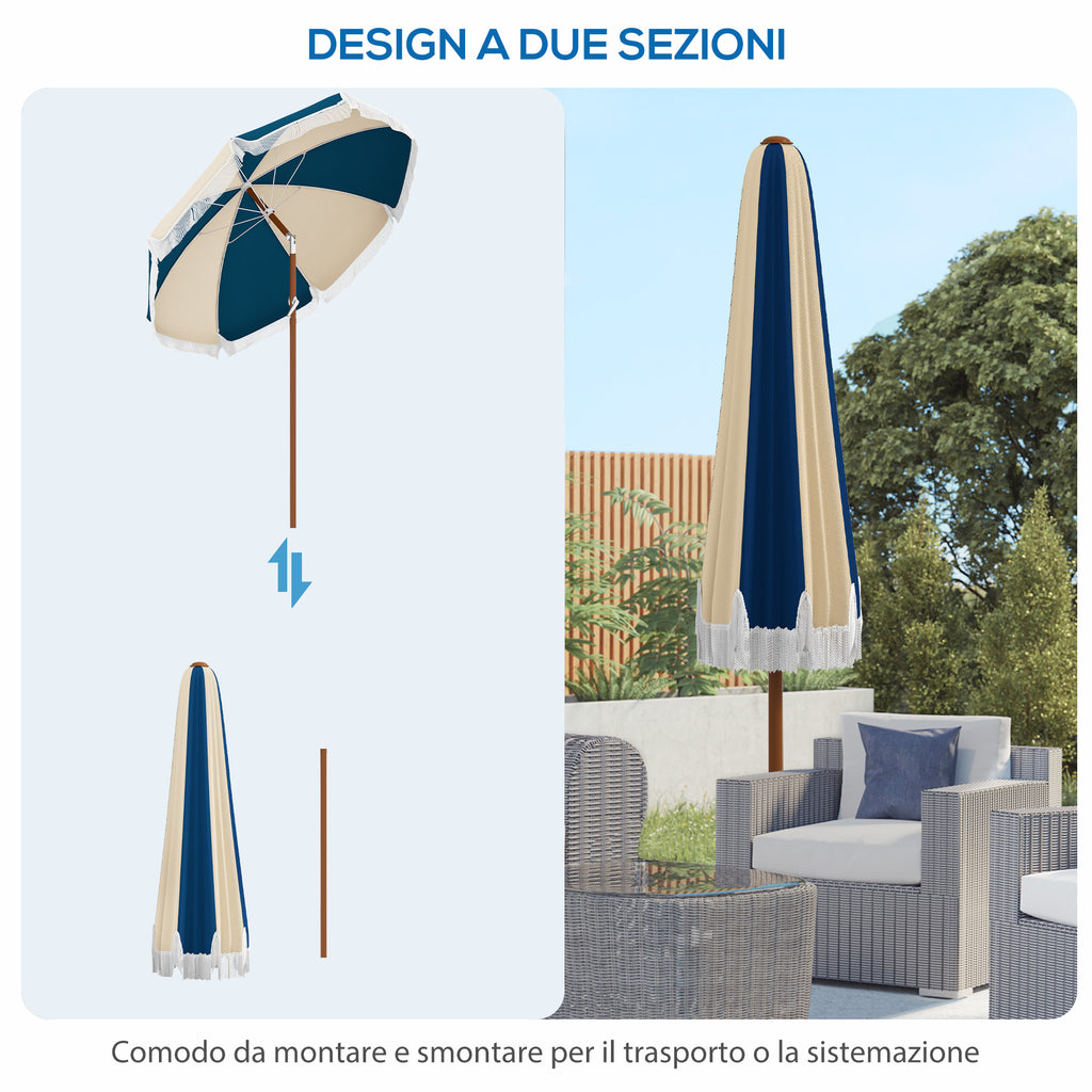 Round and Tilting Umbrella with 8 Ribs with Crank, in Polyester and Steel, Ø213x234 cm, Blue and Beige