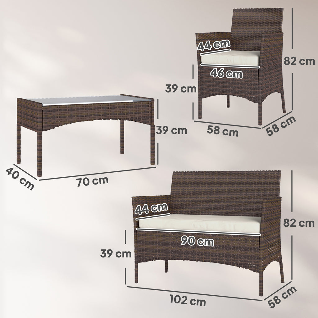 4 Piece Garden Set with 2 Seater Sofa, 2 Chairs and Coffee Table, in Rattan and Steel, Beige and Brown