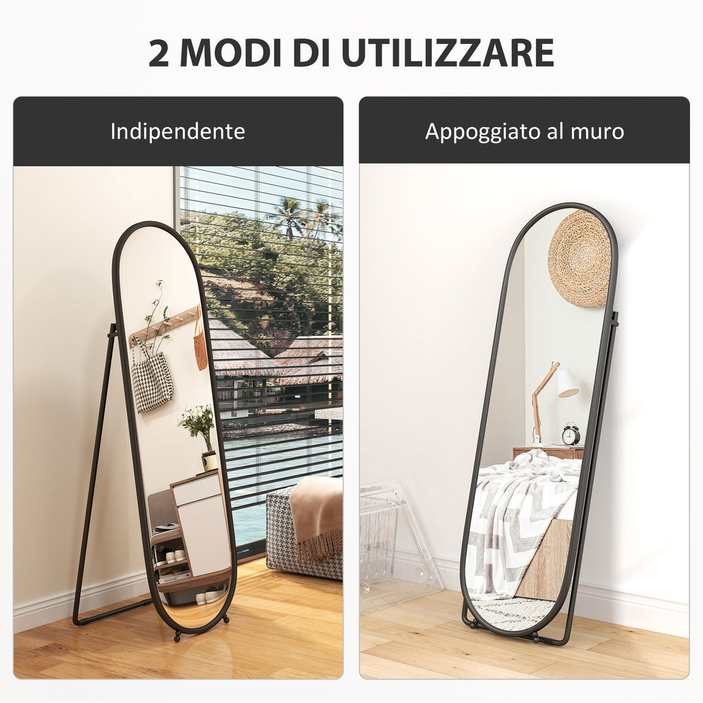 Full-Length Floor Mirror with Folding Stand, in Glass and Metal, 40x41x159 cm, Black