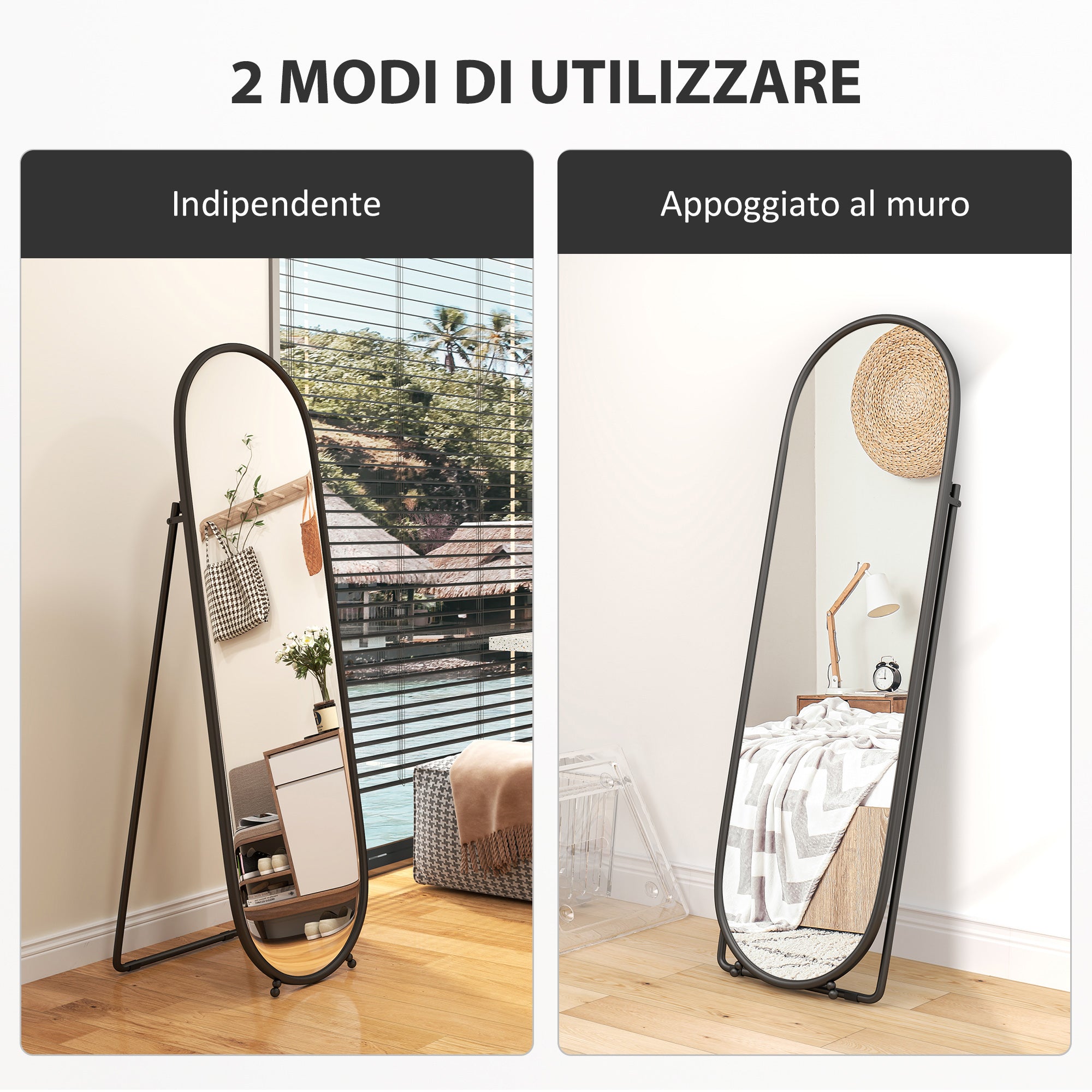 Full-Length Floor Mirror with Folding Stand, in Glass and Metal, 40x41x159 cm, Black