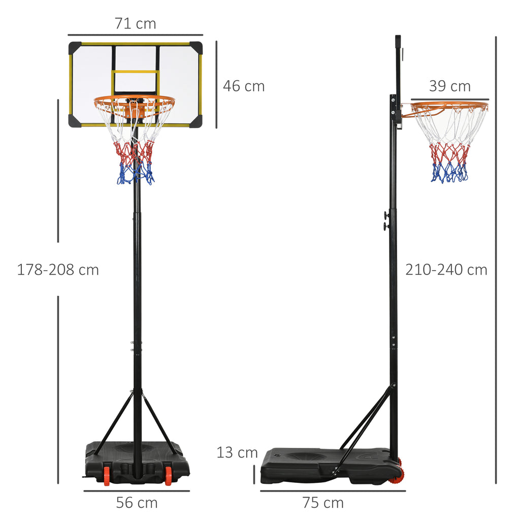 SPORTNOW Basketball Hoop for Children 6-14 Years, Adjustable Height 2.1-2.4 m, Wheels and Fillable Base, Yellow