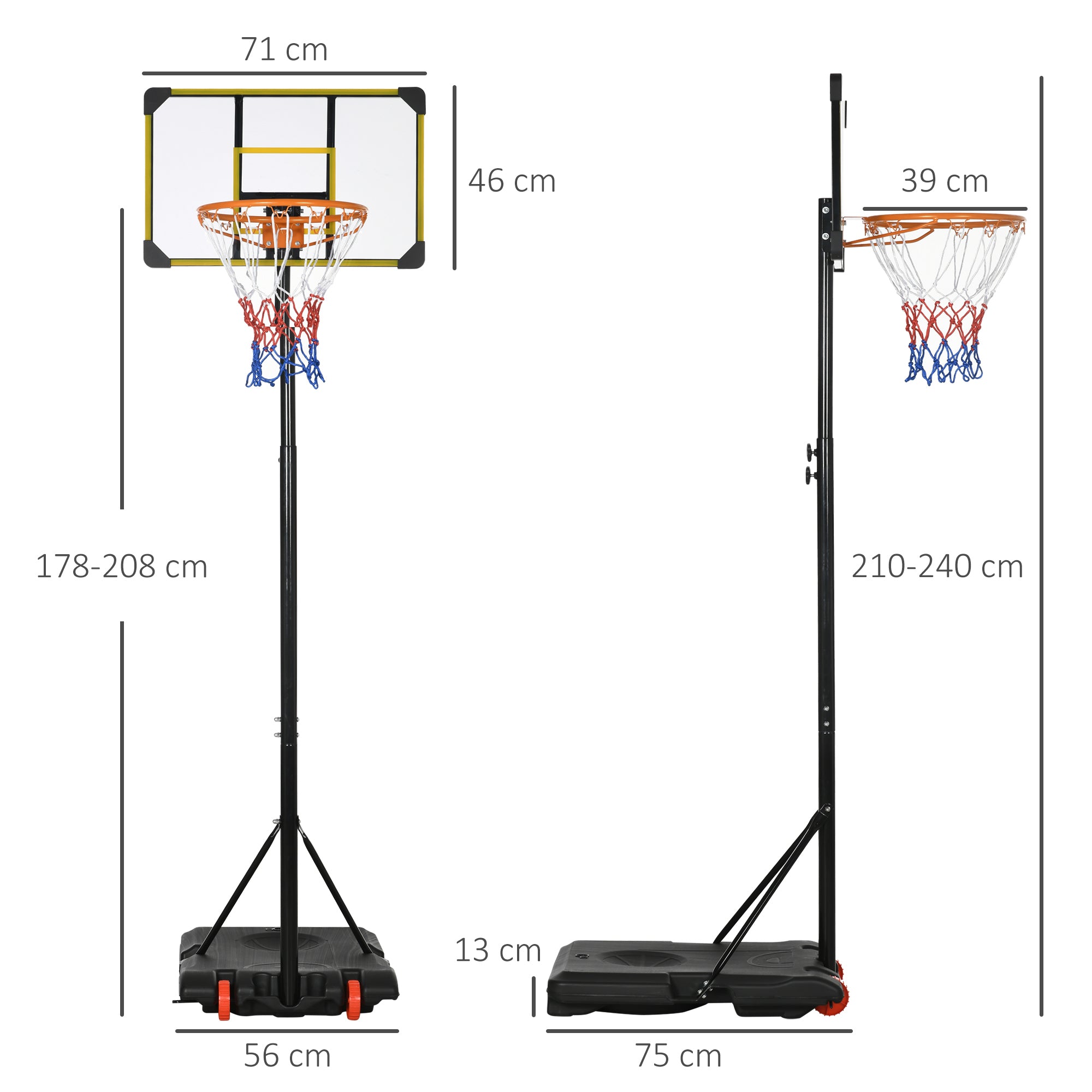 SPORTNOW Basketball Hoop for Children 6-14 Years, Adjustable Height 2.1-2.4 m, Wheels and Fillable Base, Yellow