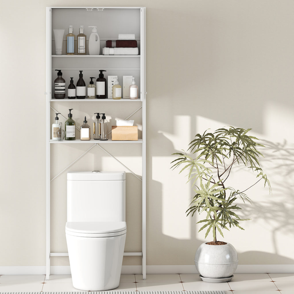 Bathroom Cabinet Above Toilet and Washing Machine with Cabinet and Open Shelf, 64x20x180 cm, White