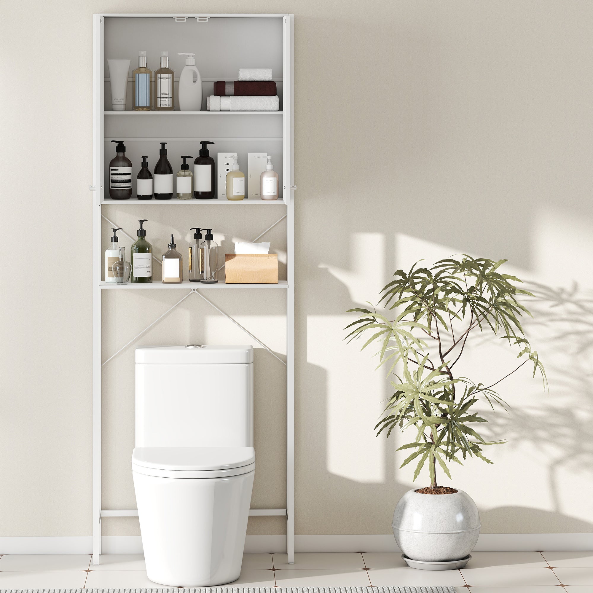 Bathroom Cabinet Above Toilet and Washing Machine with Cabinet and Open Shelf, 64x20x180 cm, White