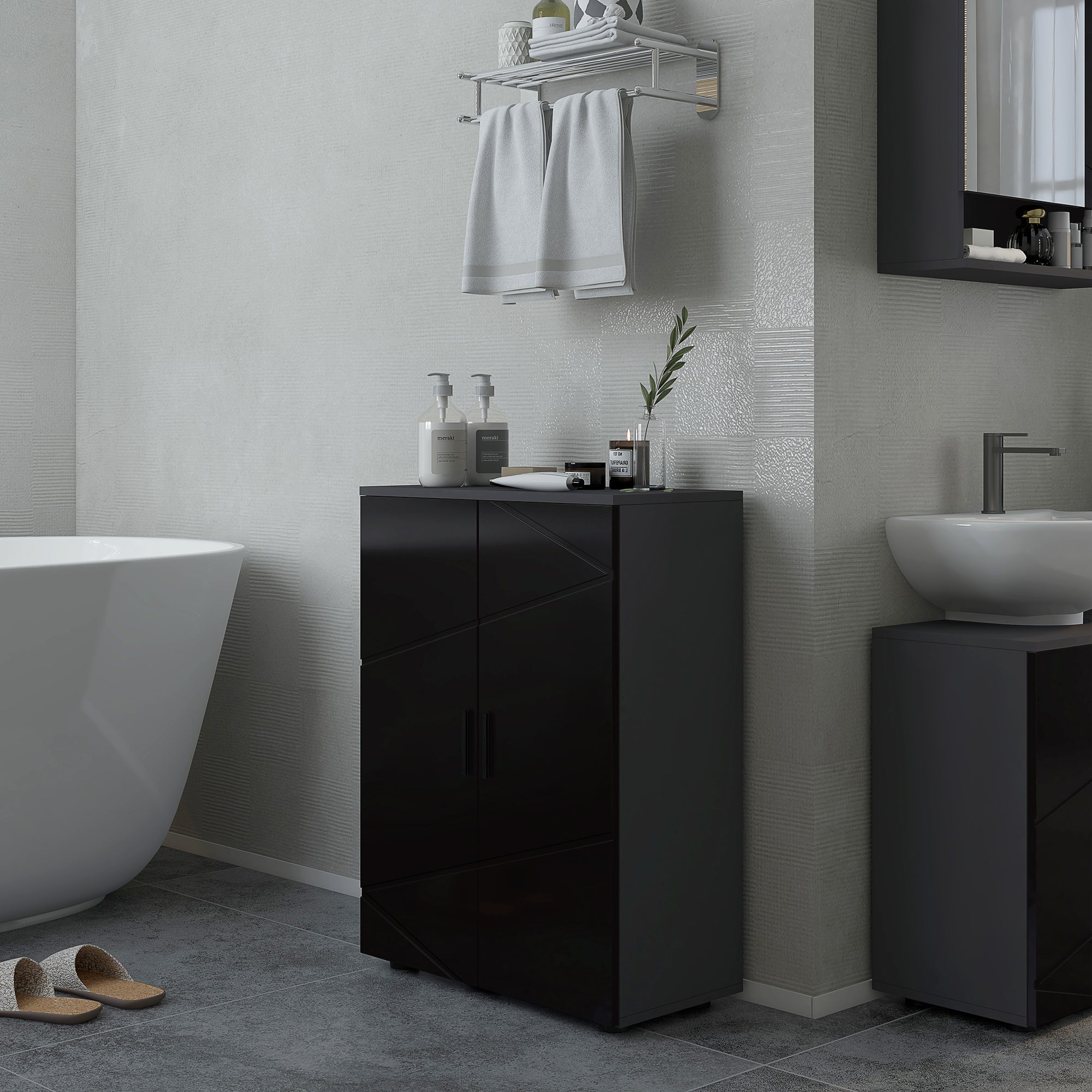 Kleankin Bathroom Cabinet 2 Wooden Doors with 3 shelves and cushioned closure, 60x30x82cm, black - Borgè