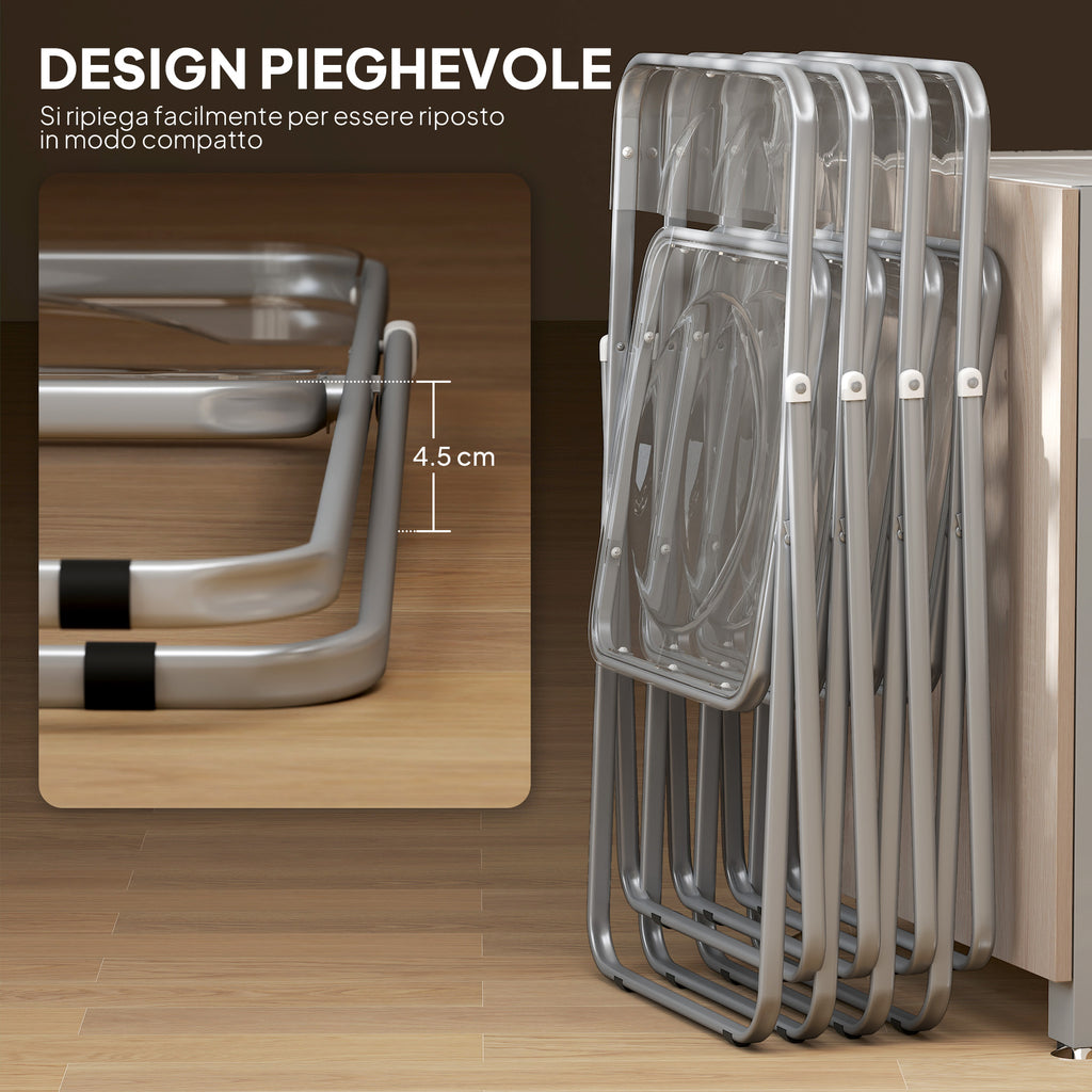 Set of 4 Space-Saving Folding Chairs for Living Room and Events, Steel and Acrylic, Transparent