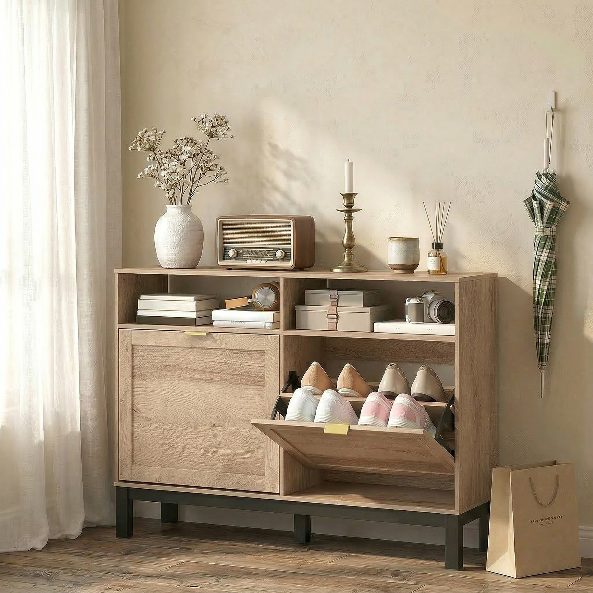 HOMCOM Space-Saving Slim Shoe Rack with 2 Flap Doors and Adjustable Removable Shelves for 8 Pairs, Walnut Color