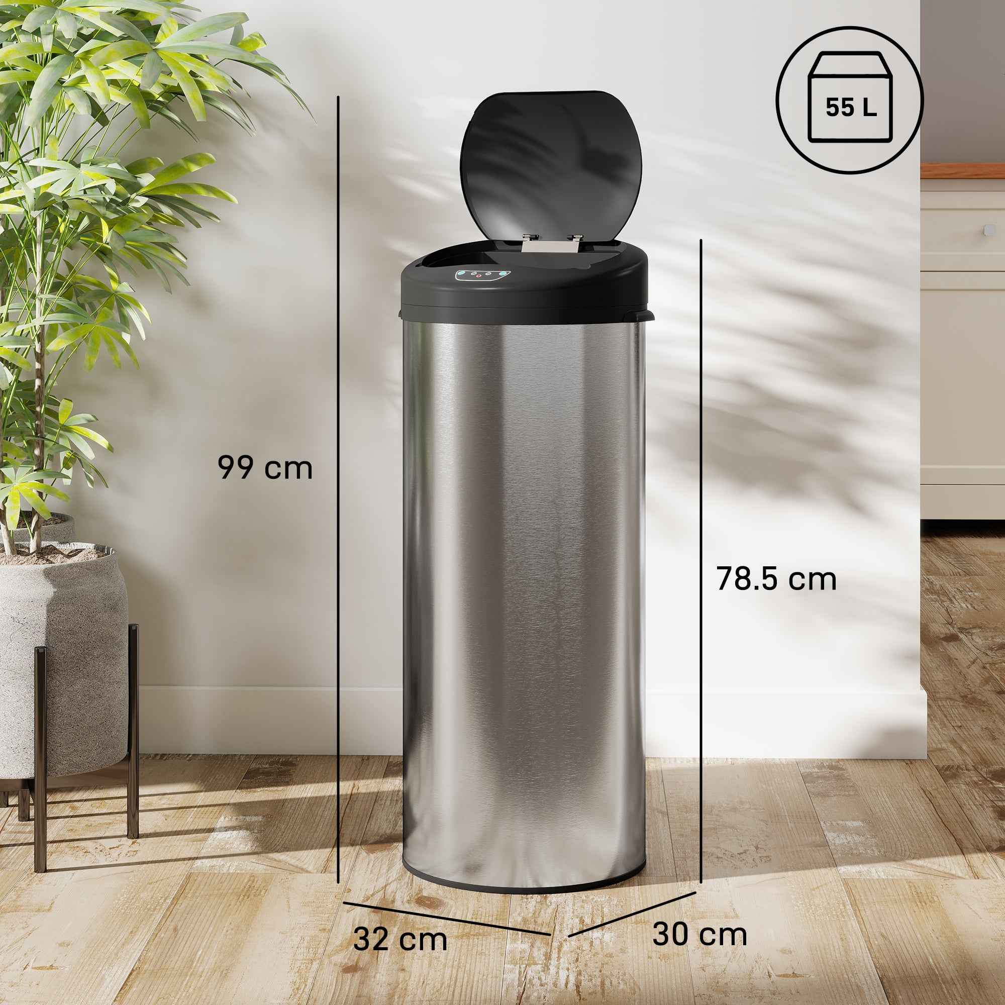 HOMCOM 55L Waste Bin with Sensor for Automatic Opening and Soft Closing, 32x30x72.5 cm, Silver