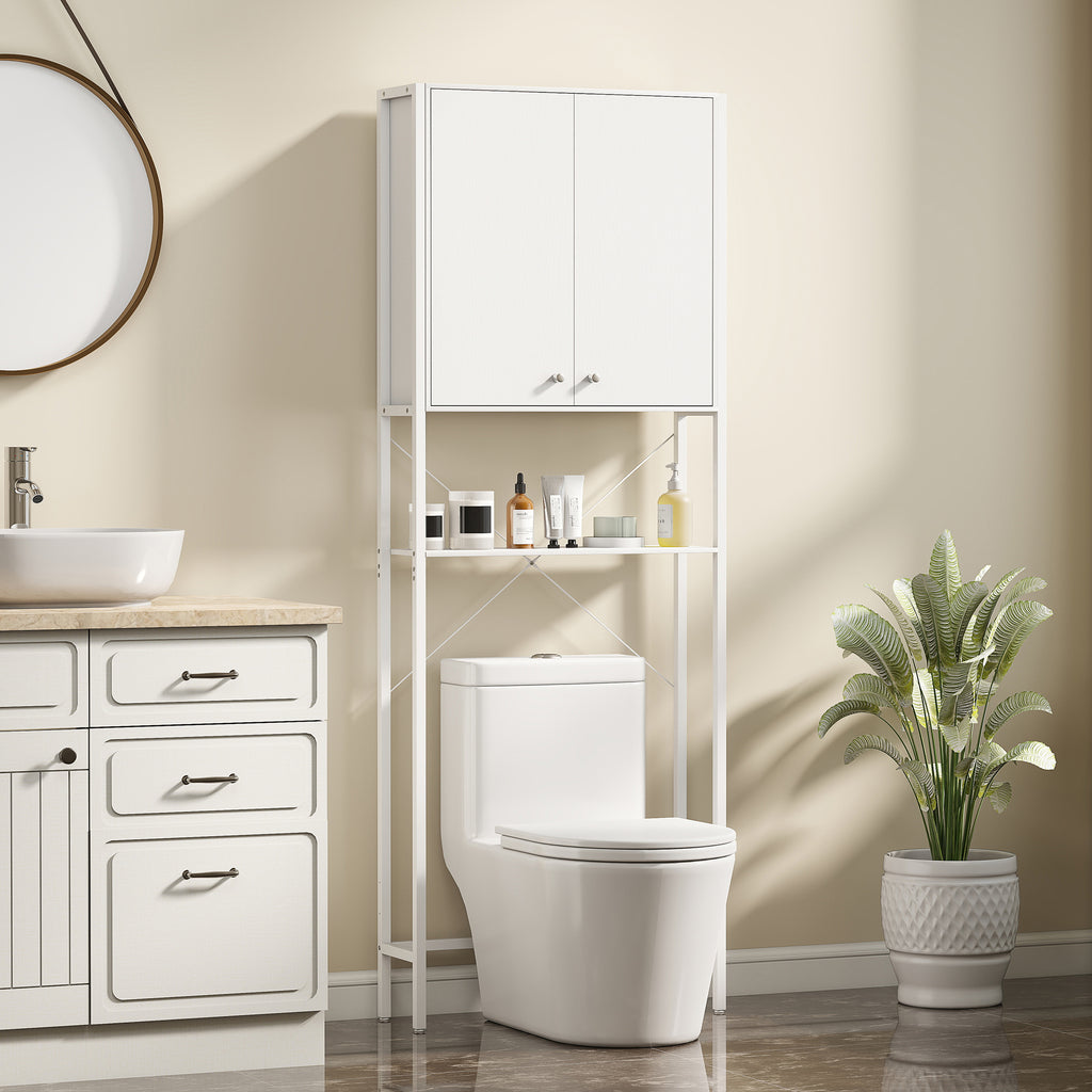 Bathroom Cabinet Above Toilet and Washing Machine with Cabinet and Open Shelf, 64x20x180 cm, White