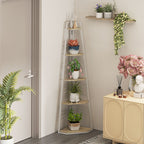 5-Tier Corner Bookcase with Folding Frame and Adjustable Feet, Wood Color