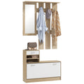 TWENTY | Coat Stand 3 in 1 with Shoe Rack and Mirror, Hooks and Drawers, in Wood, 90x24x177 cm, White and Oak
