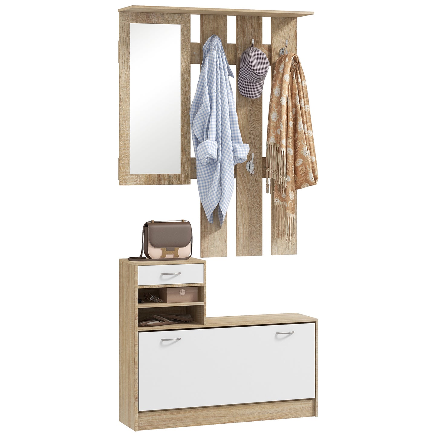 TWENTY | Coat Stand 3 in 1 with Shoe Rack and Mirror, Hooks and Drawers, in Wood, 90x24x177 cm, White and Oak