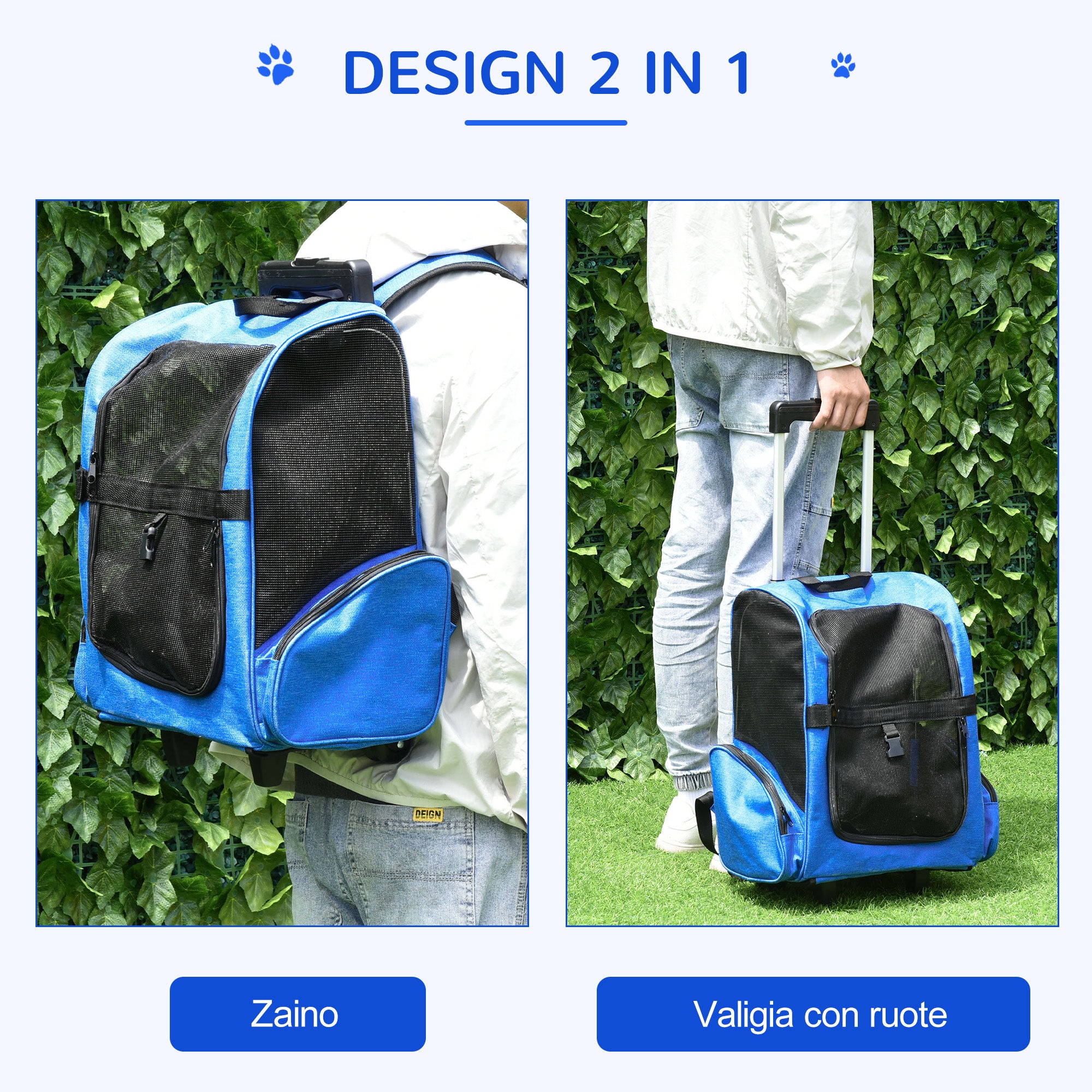 PawHut 2 in 1 Backpack Carrier for Dogs and Cats with Pockets and Telescopic Handle, 42x25x55cm, Blue - Borgè