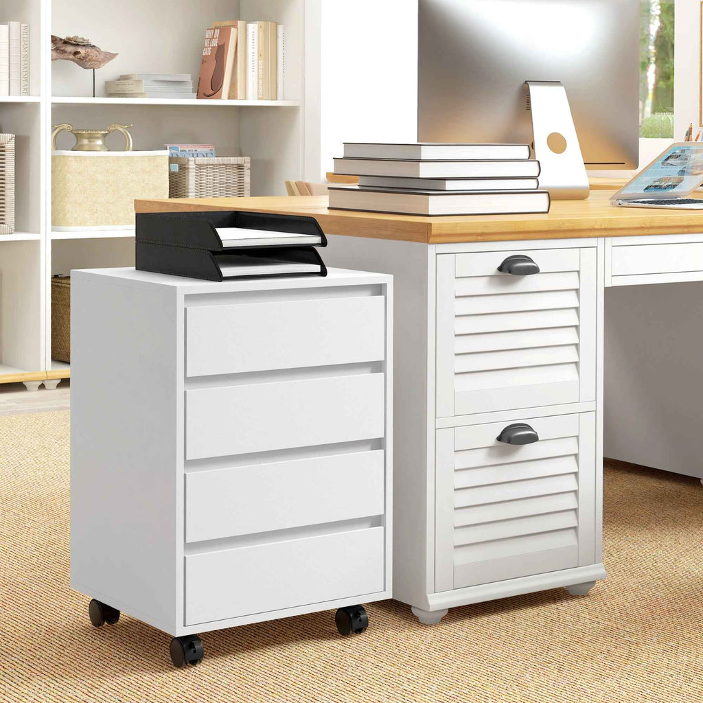 HOMCOM Office Drawer Unit with 4 Drawers and Braked Casters in MDF Wood, 46x40x65 cm, White