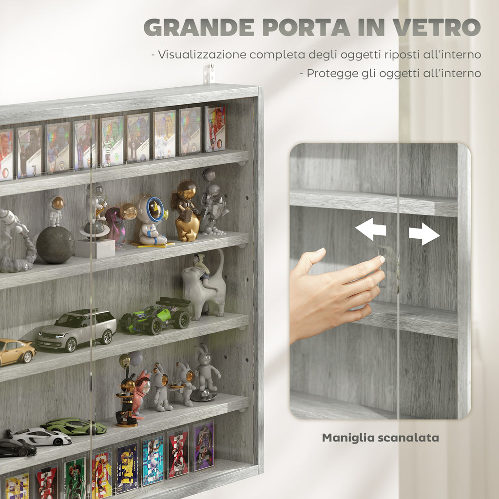 HOMCOM 4-Tier Adjustable Wooden Collectibles Display Cabinet with Glass Doors, 80x9.5x60 cm, Grey