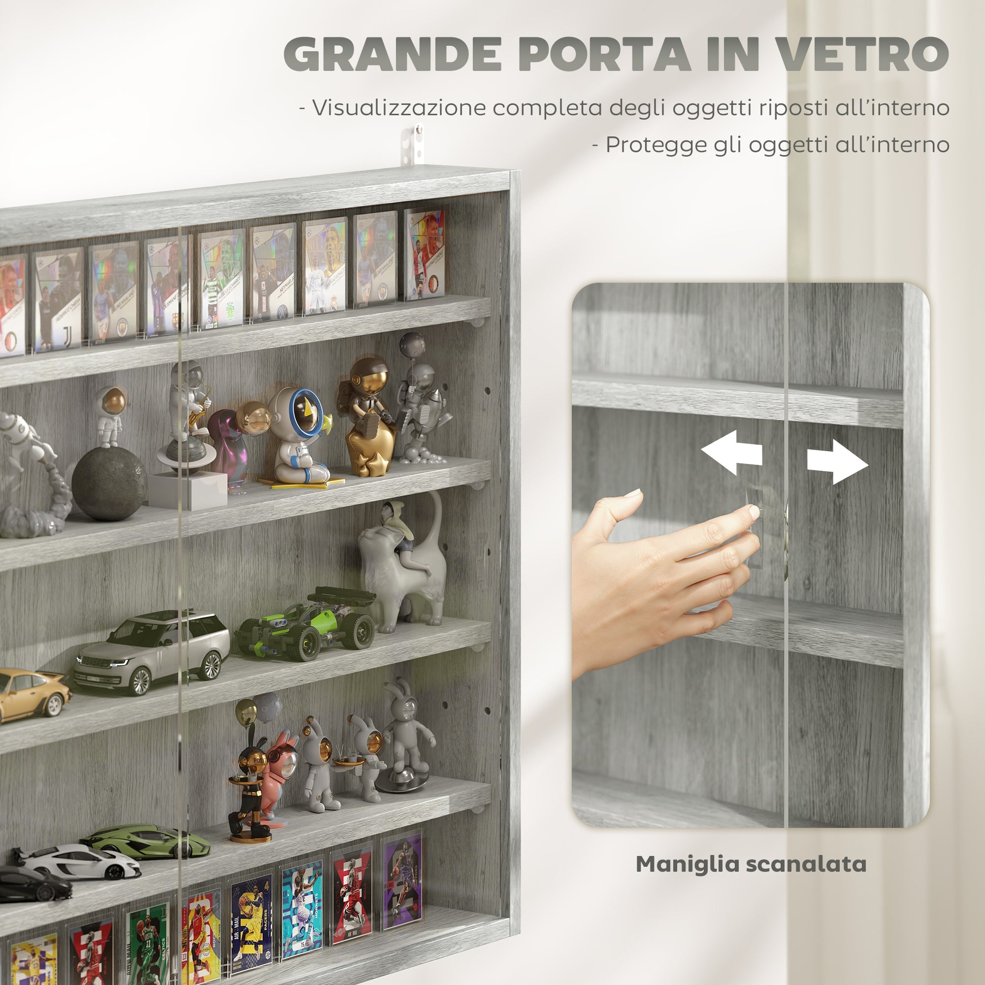 HOMCOM 4-Tier Adjustable Wooden Collectibles Display Cabinet with Glass Doors, 80x9.5x60 cm, Grey