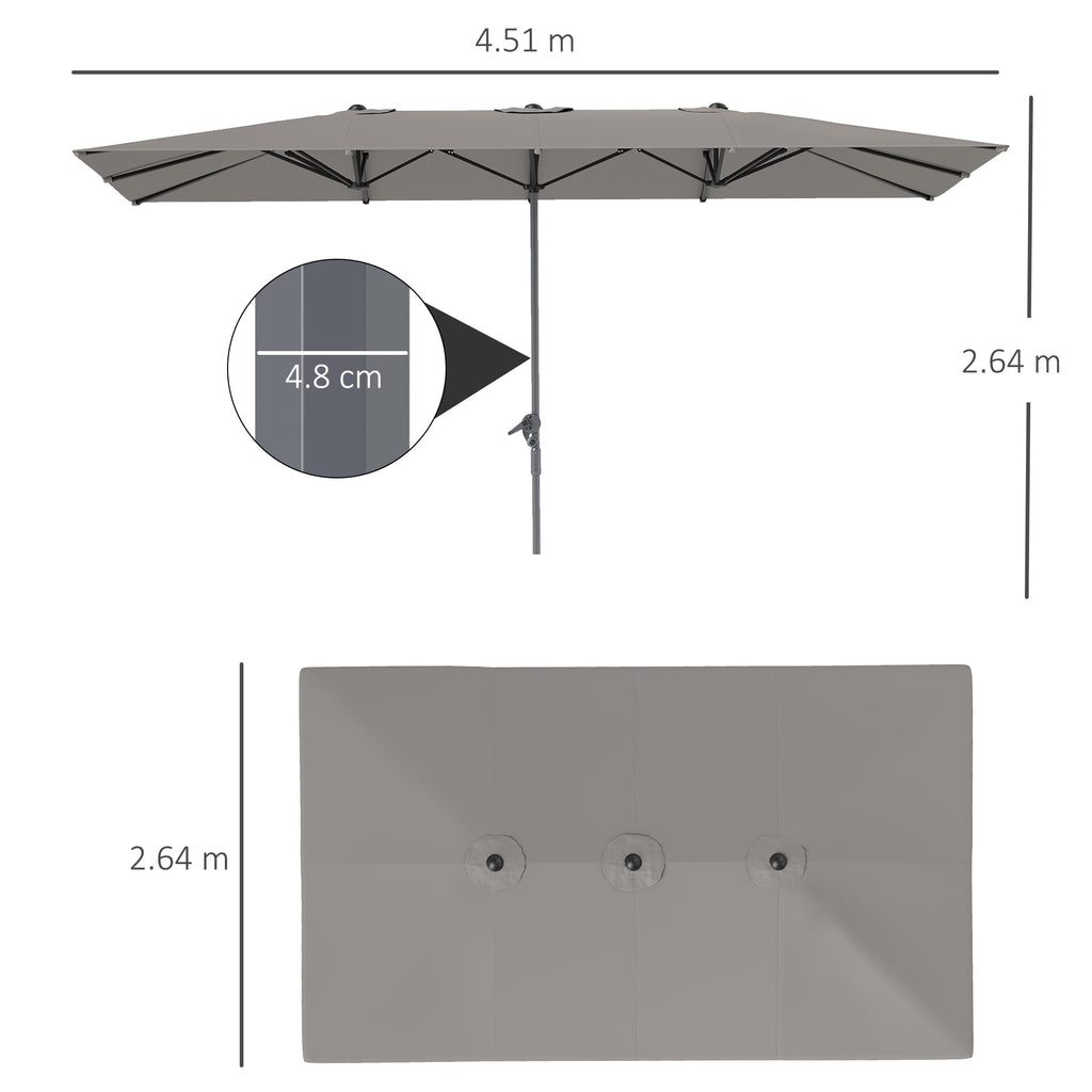 Double Garden Umbrella 4.5x2.6 m, Crank Opening and 12 Ribs, Gray